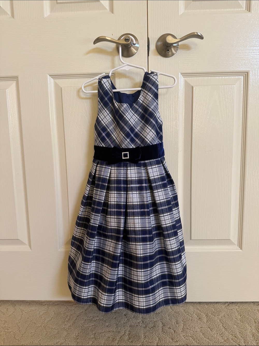 Jona Michelle Navy and White Plaid Party Dress with Velvet Waistband